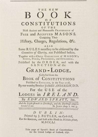 Portada del Libro de Constituciones de Spratt para la Gran Logia en Irlanda, 1751 de English School