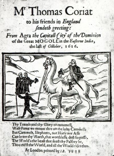 Página de título del relato póstumo de los viajes de Thomas Coryat en India, publicado en Londres, 1618 de English School