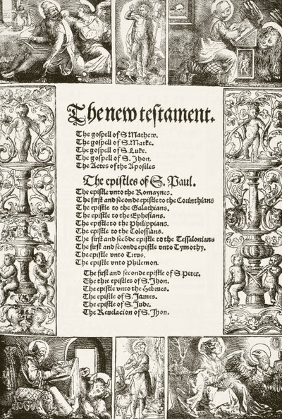 Página de título del Nuevo Testamento de William Tyndale, impreso en 1530s, de The National and Domestic History of England por William Hickman Smith Aubrey, publicado en Londres, c.1890 de English School