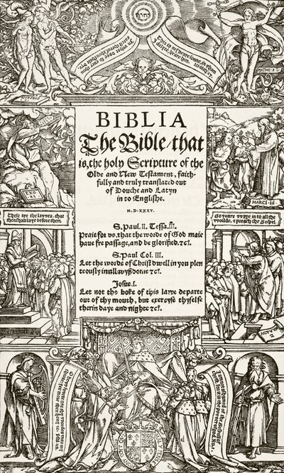Página de título de la Biblia de Coverdale, impresa en 1535, de The National and Domestic History of England por William Hickman Smith Aubrey, publicado en Londres, c.1890 de English School