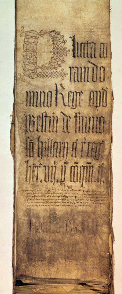 Página de título del rollo de súplicas del Banco del Rey para el término de Hilary, 1487 de English School