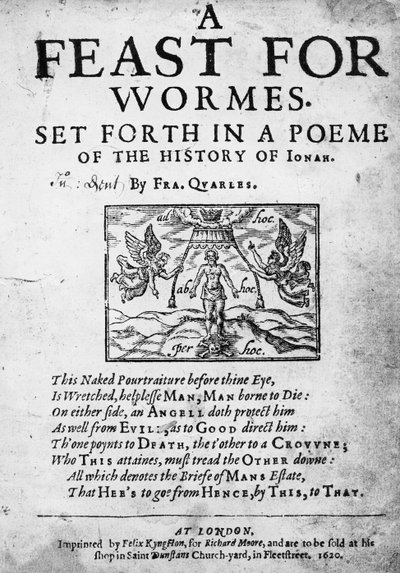 Portada de Un festín para gusanos, expuesto en un poema de la historia de Jonás por Francis Quarles, 1620 de English School