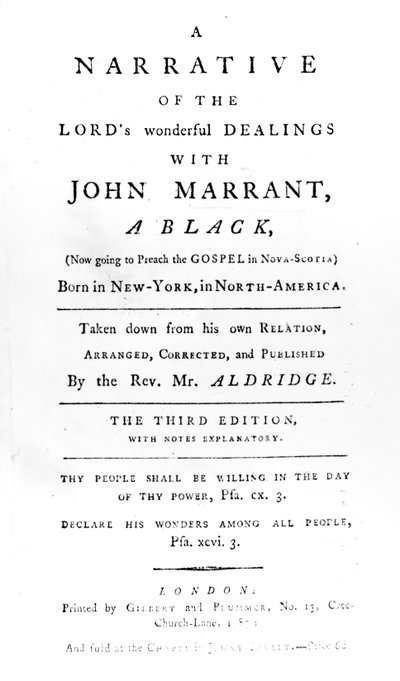 Página de título de Una narrativa de los maravillosos tratos del Señor con John Marrant, un negro transcrito por el Rev. William Aldridge, 1785 de English School