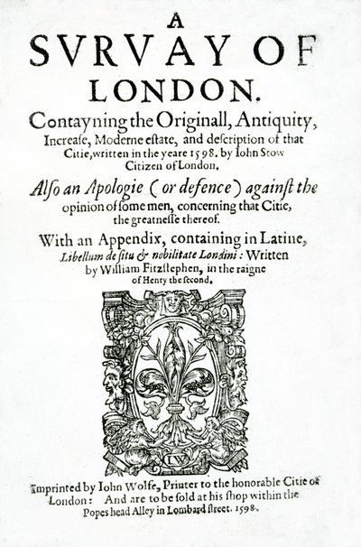 Página de título de Una encuesta de Londres por John Stow, publicada en 1598 de English School
