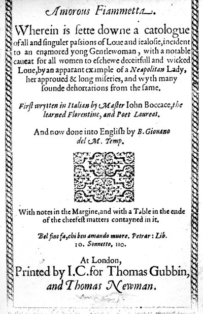 Página de título de Fiammetta amorosa por Giovanni Boccaccio, traducción al inglés publicada en 1587 de English School