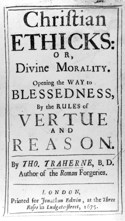 Página de título de Ética cristiana por Thomas Traherne, publicada en 1675 de English School
