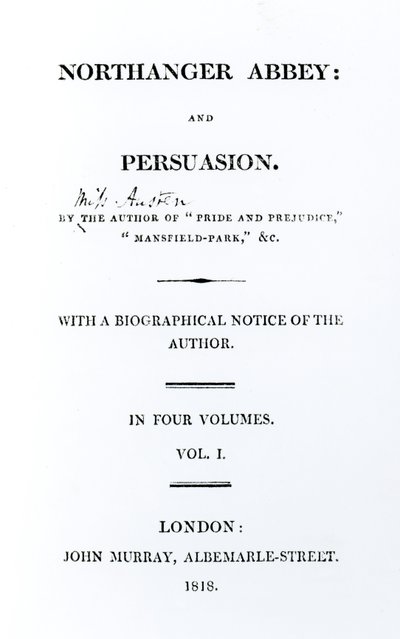 Página de título de Northanger Abbey y Persuasion por Jane Austen, primera edición, 1818 de English School