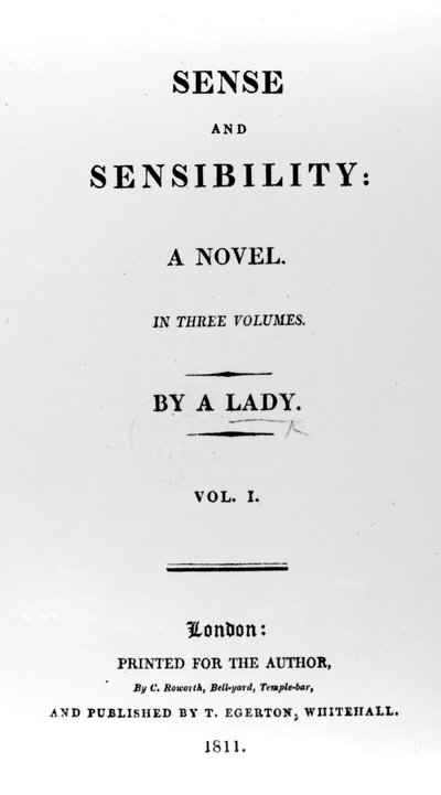 Página de título de Sense and Sensibility por Jane Austen, primera edición, 1811 de English School