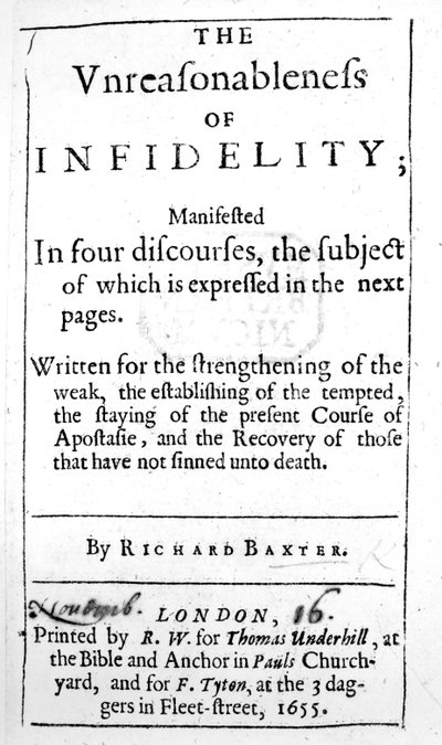 Página de título de La irracionalidad de la infidelidad por Richard Baxter, publicada en 1655 de English School