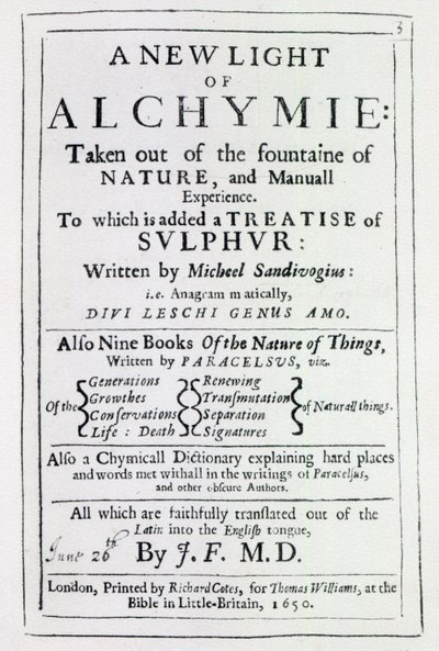 Portada de la edición inglesa de A New Light on Alchemy por Michal Sedziwoj, 1650 de English School