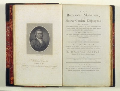 Página de título con retrato de William Curtis (1749-99), de The Botanical Magazine or Flower-Garden Displayed, por William Curtis, publicado en 1790 de English School