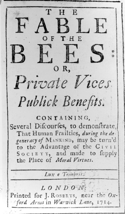Página de título de The Fable of the Bees de Bernard de Mandeville, 1714 de English School