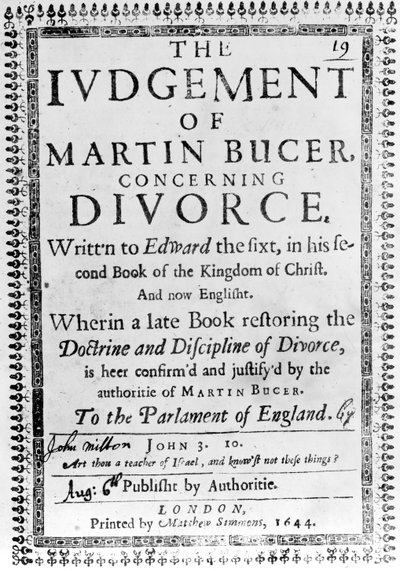 Página de título de El juicio de Martín Bucero sobre el divorcio de John Milton, publicado en 1644 de English School