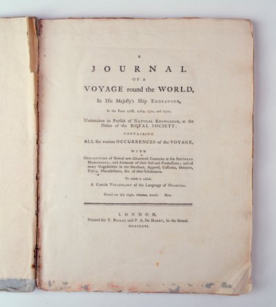 Portada de Un Diario de un Viaje Alrededor del Mundo en el Barco de Su Majestad Endeavour en los Años 1768, 1779, 1770 y 1771, publicado en Londres, 1771 de English School