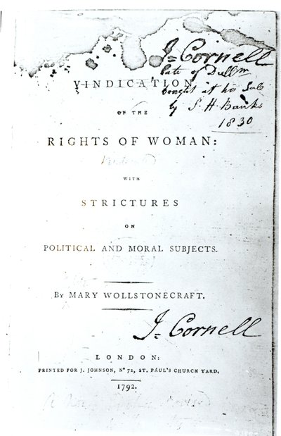 Portada de Vindicación de los Derechos de la Mujer de Mary Wollstonecraft, publicada en 1792 de English School