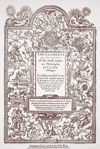 Portada de la temprana traducción de los Elementos de Euclides, impresa por John Day, Londres, 1570-71 de English School