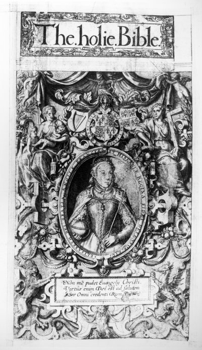 Página de título de la Biblia de los Obispos, publicada en 1568 de English School