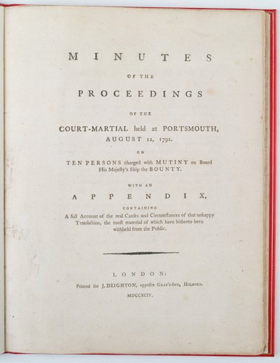 Portada de las Actas del consejo de guerra celebrado en Portsmouth, 12 de agosto de 1792, publicada en Londres, 1794 de English School