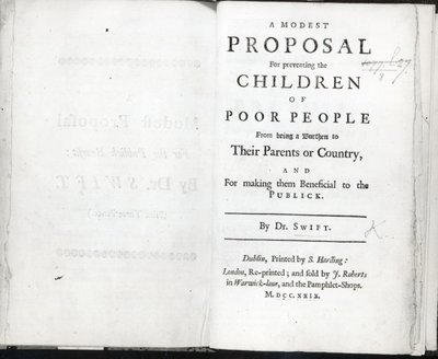 Portada de Una Modesta Propuesta de Jonathan Swift, publicada en 1729 de English School