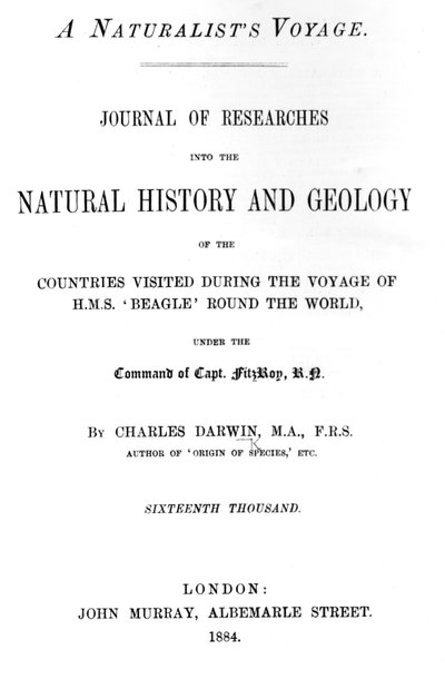 Página de título de A Naturalists Voyage Around the World de Charles Darwin, edición publicada en 1884 de English School