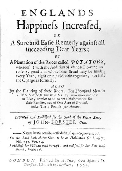 Página de título de Englands Happiness Increased de John Forster, publicado en 1664 de English School
