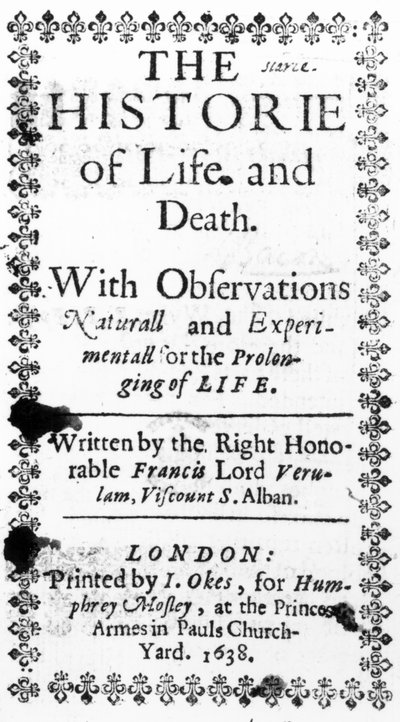 Portada de La historia de la vida y la muerte de Francis Bacon, publicada en 1638 de English School