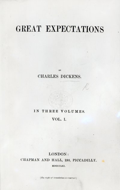 Portada de Grandes Esperanzas de Charles Dickens, primera edición, 1861 de English School