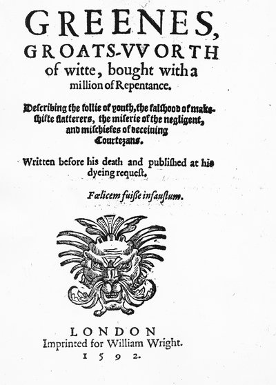 Portada de La Groats-Worth of Wit de Greene, atribuida a Robert Greene, publicada en 1592 de English School