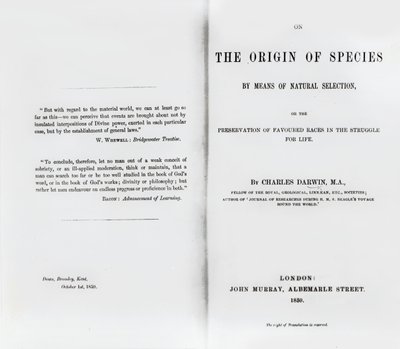 Portada de Sobre el Origen de las Especies de Charles Darwin, publicada en 1859 de English School