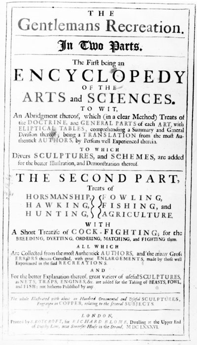 Portada de The Gentlemans Recreation publicado por Richard Blome, 1686 de English School