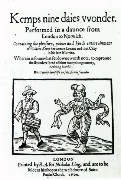 Portada de La maravilla de los nueve días de William Kemp, publicada en 1600 de English School