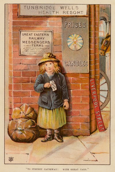 "A Stepney Causeway, con gran cuidado" (litografia en color) de English School