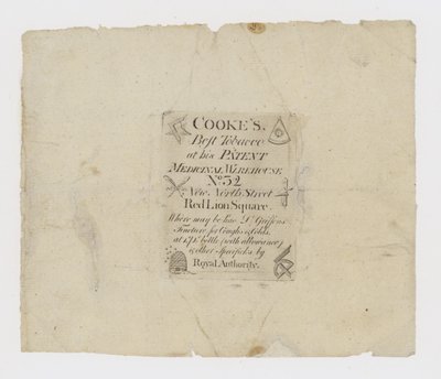 Tarjeta comercial de tabaquero y fabricante de rapé, Cookes de English School