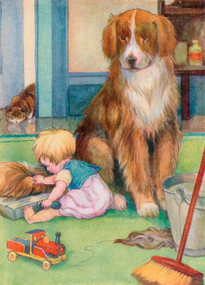 Niño jugando con la cola de un perro (lito de color) de English School