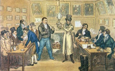 El salón de Tom Cribb en el Union Arms, Holborn, sosteniendo la copa de Cribb, de una aguatinta de Cruickshank del 
