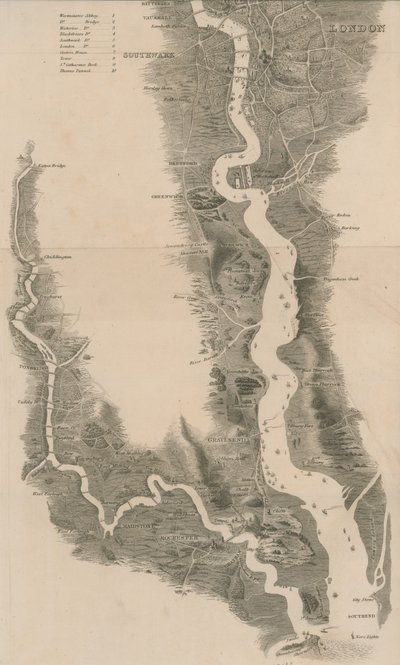 Mapa panorámico de Tombleson del Támesis y Medway de English School