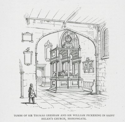 Tumbas de Sir Thomas Gresham y Sir William Pickering en la iglesia de Santa Elena, Bishopsgate (grabado) de English School