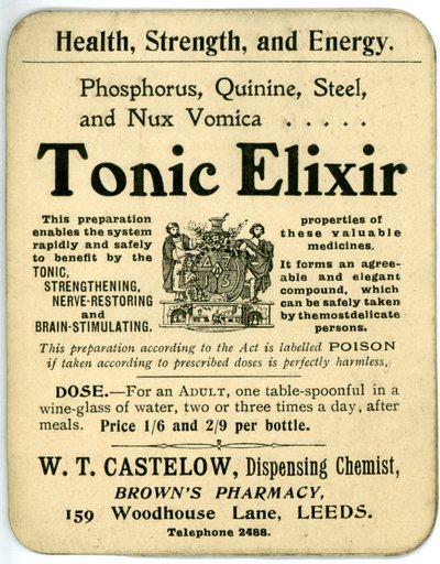 Etiqueta de Elixir Tónico, principios del siglo XX de English School
