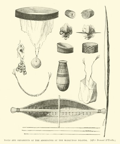 Herramientas y adornos de los aborígenes de las Islas Marquesas, después de Dumont D