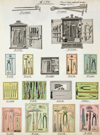 Herramientas y cajas de herramientas de un catálogo comercial de bienes y accesorios domésticos, c.1890-1910 de English School