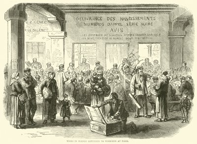 Herramientas en prenda devueltas a los trabajadores en París, diciembre 1870 de English School