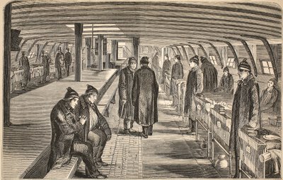 Cubierta superior del barco hospital Unite, adjunto a los cascos en Woolwich, ilustración de Las prisiones criminales de Londres y escenas de la vida en prisión de Henry Mayhew y John Binny, pub. 1862 de English School
