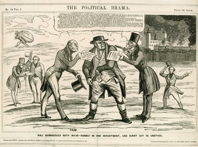Incendio de la Torre de Londres, 1841. Caricatura de English School