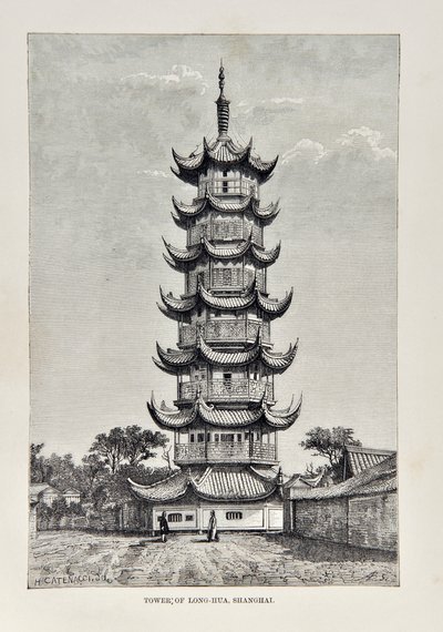 Torre de Long Hua, Shanghái, ilustración de The Universal Geography, the Earth and its inhabitants, publicado 1878 de English School