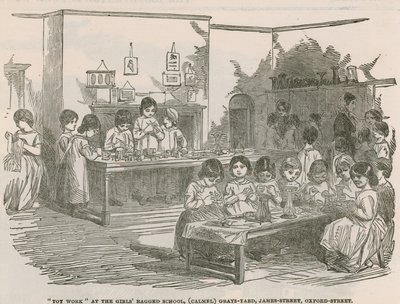 Trabajo de juguetes en la escuela de niñas desamparadas, (Camel) Grays Yard, James Street, Oxford Street de English School