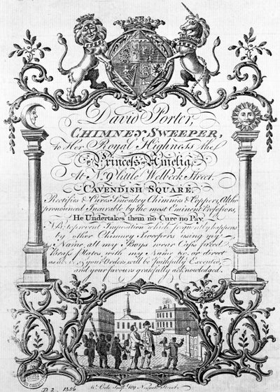 Tarjeta comercial de David Porter, deshollinador y nocturno, siglo XIX de English School