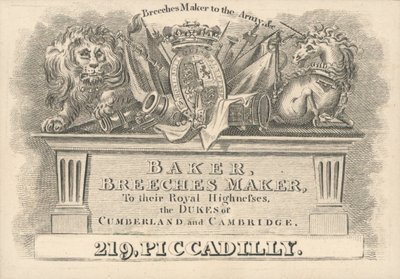Tarjeta comercial, Baker, fabricante de calzones de English School