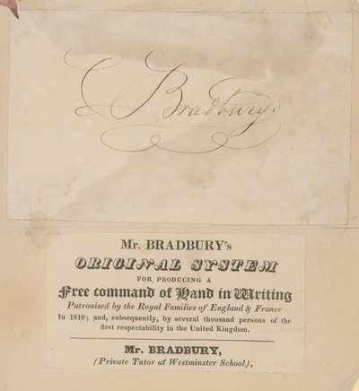 Tarjeta comercial del sistema original de Mr Bradbury para producir un comando libre de la mano en la escritura de English School