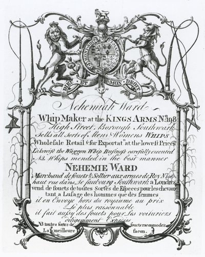 Tarjeta comercial de Nehemiah Ward, fabricante de látigos de Southwark de English School