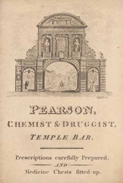 Tarjeta comercial de Pearson, químico y boticario, Temple Bar, Londres de English School